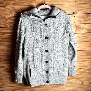 Beautiful Hooded Collar Fleece Button Up Zip Black & White Speckled Knit coat